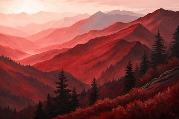 Obraz premium Red mountains and forest landscape at sunset create a tranquil scenery