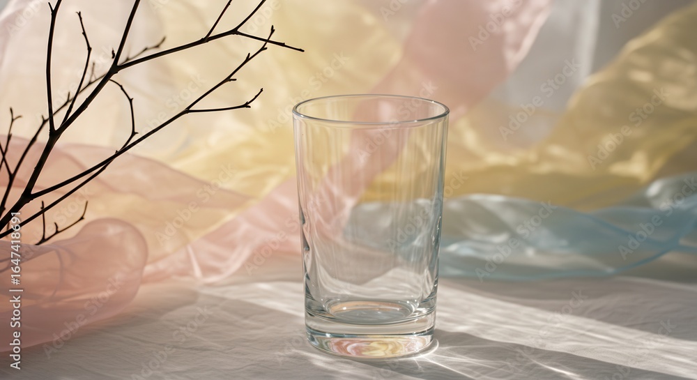 Poster an empty clear glass stands on a table with soft shadows, a branch, and a colorful background creati