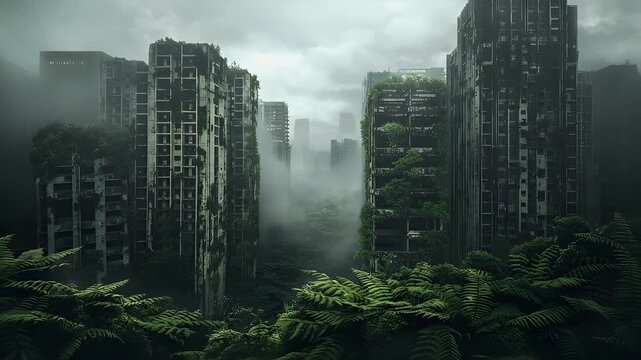 Apocalypse disaster ruin scene. futuristic urban landscape with highrise buildings and dense vegetation, set against a misty backdrop. The scene is dominated by a monochromatic color palette.