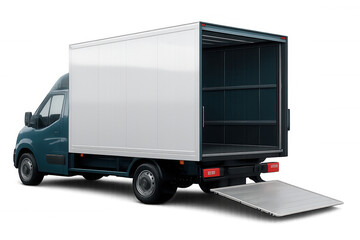 Cargo truck with raised rear doors, extended loading ramp, spacious interior visible, professional logistics vehicle against transparent backdrop