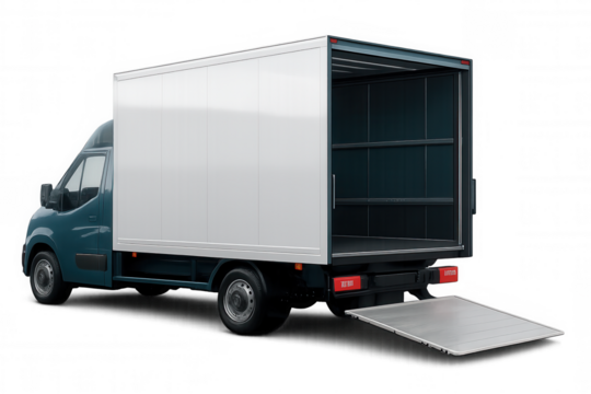 Cargo truck with raised rear doors, extended loading ramp, spacious interior visible, professional logistics vehicle against transparent backdrop - Powered by Adobe