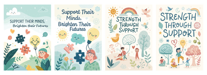 Colorful illustrations promoting mental health support for children, featuring playful characters and uplifting messages.