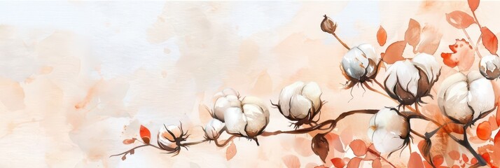 Celebration of world cotton day with artistic cotton branch illustration for design. Horizontal banner. Copy space. Free space for text. Watercolor illustration
