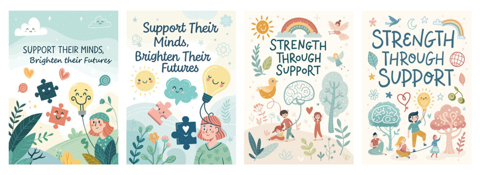 Colorful illustrations promoting mental health support for children, featuring playful characters and uplifting messages.