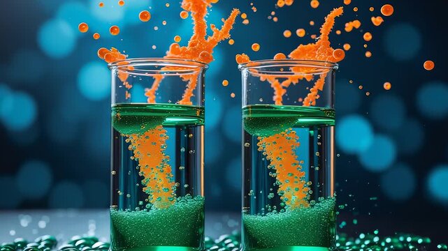 Orange Green Liquid Reaction Test Tubes Science Experiment Lab Splash Motion