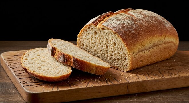 ​A partially sliced loaf of crusty bread dusted with flour sits on a wooden cutting board against a dark background. Two slices are cut, revealing the soft, airy interior.