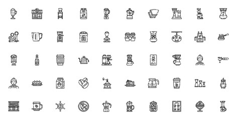 Coffee shop icon set. Minimal vector illustrations. Includes latte, bar stool, coffee bag, blender, coffee pot, filter, maker, grinder, cup, barista, menu and more. Editable stroke.