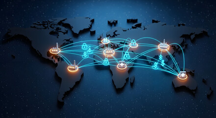 Global Network Connections on World Map with Industry and Security Icons,  Interconnected World with Factories, Padlocks and Logistics Symbols on Blue Map