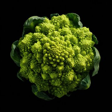 Fresh romanescu broccoli displayed against a dark background highlighting its unique structure and vibrant green color