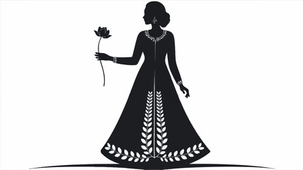 A black and white silhouette illustration of a woman in traditional South Asian attire 