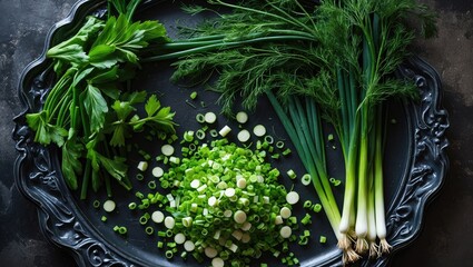 Fresh green herbs and chopped spring onions on an ornate black tray.