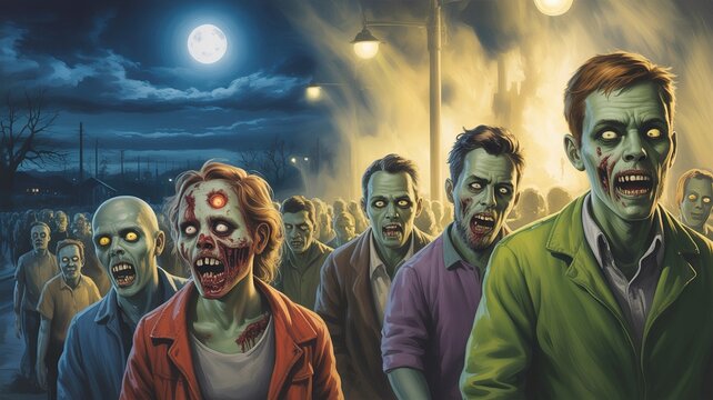 A gathering of zombies walking under the moonlight at nighttime