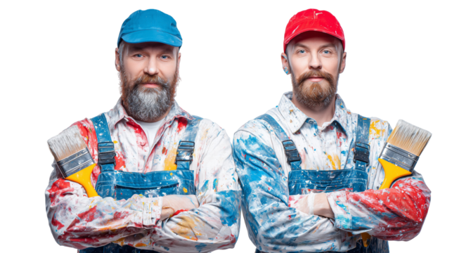 Two painters with brushes and paint splattered clothes - Powered by Adobe