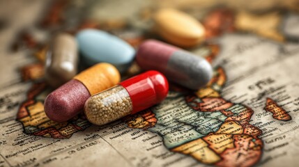 Colorful pills and capsules are arranged on a vintage map of Africa, symbolizing the importance of healthcare access and medication distribution across the continent in a historical context