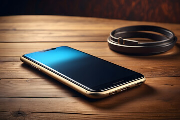 Sleek smartphone with gold trim and stylish headphones on a rustic wooden table surface backdrop