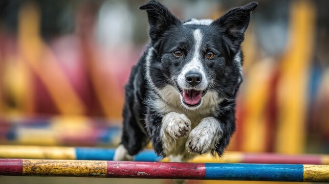 A border collie joyfully clears a colorful obstacle in an agility course. The bright setting highlights the dog's speed and enthusiasm for the training activity