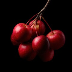 Red apples hanging on a branch against a dark background highlighting their vibrant color and texture