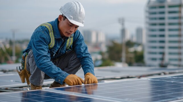 A worker carefully sets up solar panels on a building rooftop in a bustling city. The bright sky indicates it is daytime, and the surrounding skyline adds to the urban atmosphere
