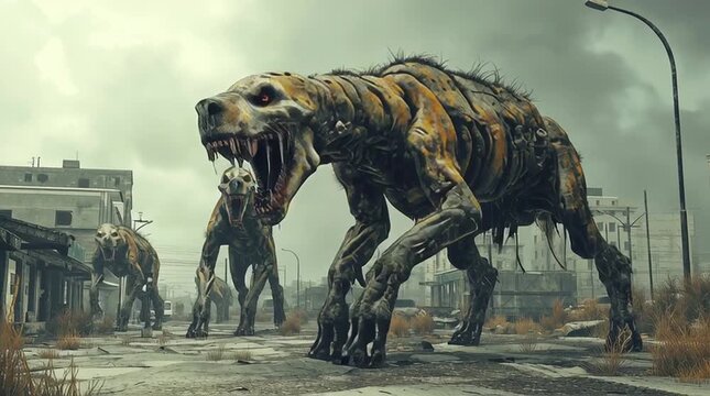 cartoon movie of terrible alien zombie creatures attacking a small town in a post apocalyptic world - generative ai