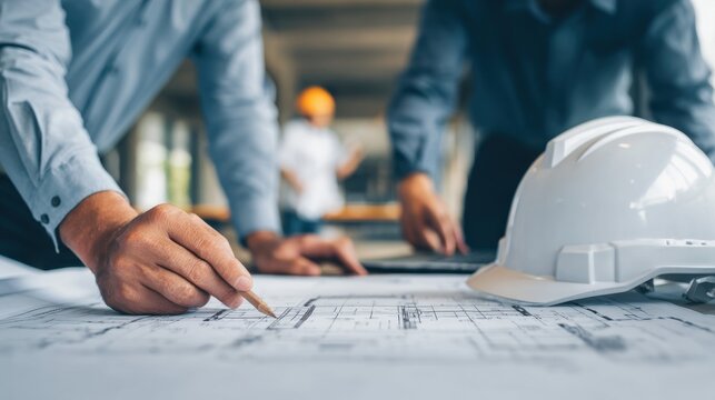 Construction workers are collaborating on detailed architectural plans at a building site. A hard hat is placed on the table as they mark key sections with pencils