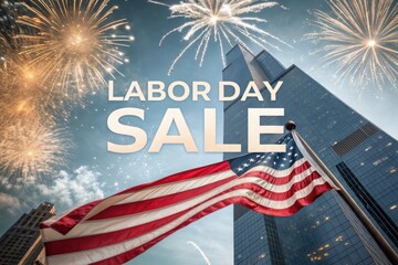 Labor day sale with fireworks and american flag