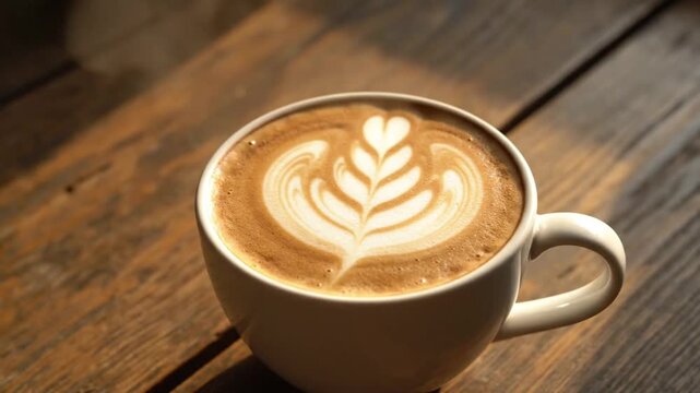 A white ceramic cup of coffee with intricate rosetta latte art sits on a rustic wooden table.