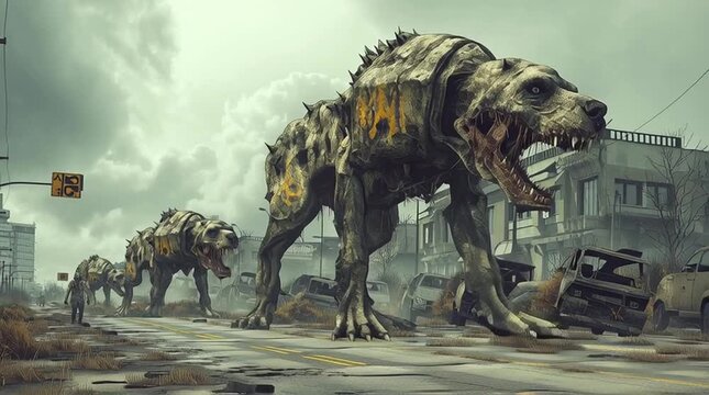 cartoon movie of terrible alien zombie creatures attacking a small town in a post apocalyptic world - generative ai