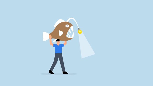 Business direction, 4k animation of businessman carries angler fish as torch to guide way