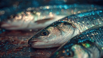 Multiple fish lie on a wet surface at a bustling marketplace. Their scales shimmer under the morning light, attracting potential buyers. The market atmosphere is lively and vibrant