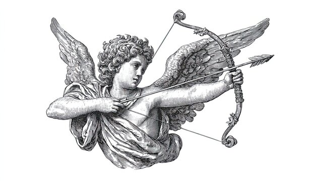 Vintage engraving sketch of Cupid angel with wings aiming bow and arrow in classical romantic illustration style