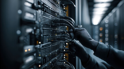 Technician connecting cables in a data center, focusing on network installation and hardware maintenance.