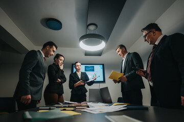 A team of business professionals engages in a collaborative discussion during a meeting in a modern...