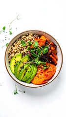 Savory Bowl of Delights: An appetizing bowl bursts with the colors and textures of fresh avocado slices, perfectly cooked sweet potato, fluffy quinoa, and microgreens, offering a vibrant, nourishing.