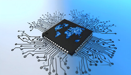 Global digital transformation concept with world map on a processor for modern technology