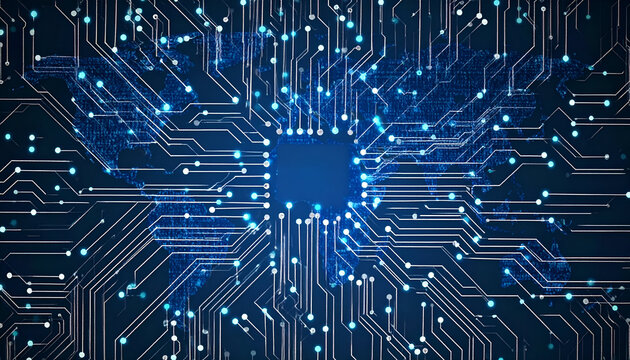 Dynamic digital circuit board map with glowing nodes representing global network connections