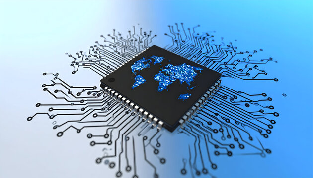 Global digital transformation concept with world map on a processor for modern technology