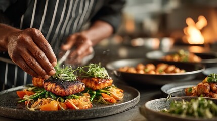 A chef meticulously garnishes a gourmet dish with fresh herbs in a professional kitchen, highlighting culinary skill and presentation