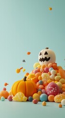 Fototapeta premium Colorful Halloween candy with a pumpkin and a spooky jack-o'-lantern on a blue background.
