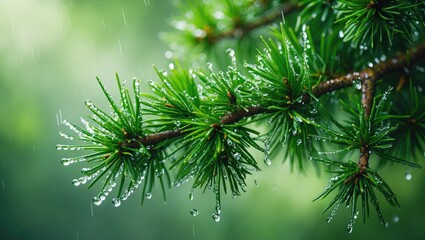 Water droplets on pine tree branch after rain