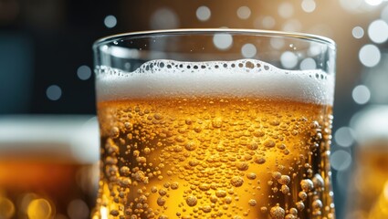 Close-up of a glass filled with beer, showing bubbles and foam, with a blurred background of lights.