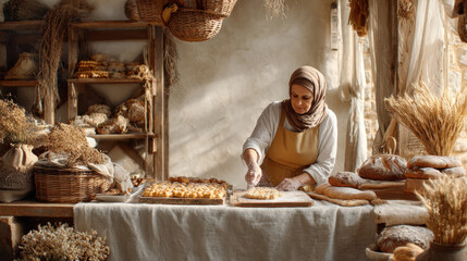 Fototapeta premium A woman prepares pastries in a warm and cozy family bakery shop.