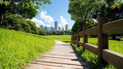 Wooden Path Through Green Park Leading to City Skyline Under Clear Blue Sky Daylight