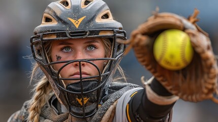 Dynamic softball catcher in full protective gear throwing ball passionately