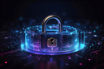Cybersecurity lock protecting digital data with advanced encryption technology on glowing circuit board