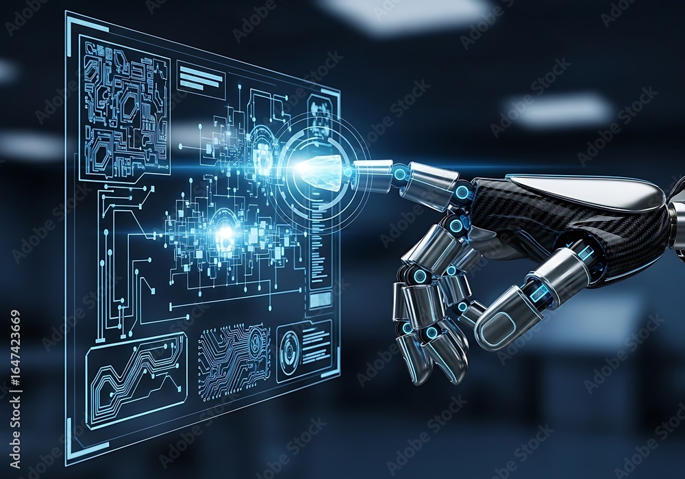 Poster robot hand interacting with a futuristic digital interface