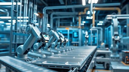 Industrial assembly line with robotic arms, bathed in cool blue light and dynamic motion blur.