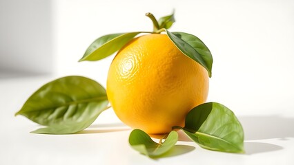 Fresh lemon with green leaves on a white surface, showcasing natural beauty and simplicity.