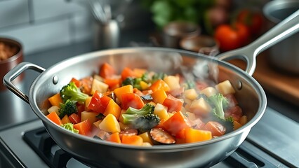Sizzling vegetable medley in a stainless steel pan, vibrant colors with steam rising in a professional kitchen.