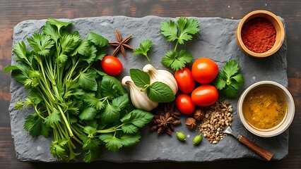 Fresh Asian cuisine ingredients arranged on a rustic stone slab.