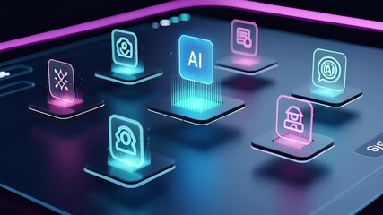 Futuristic interface showcasing AI technology with vibrant icons and digital elements on a sleek device - Powered by Adobe